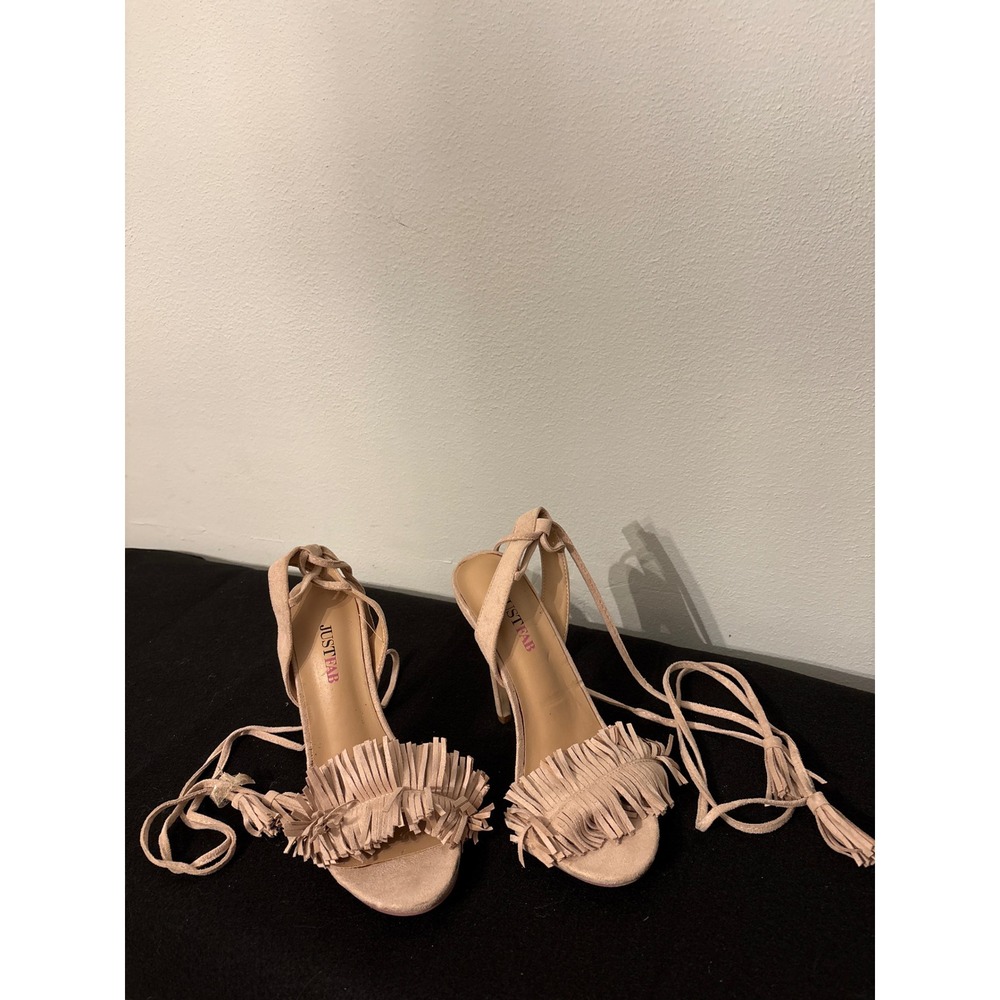JustFab Tayrey Heeled Sandals Womens 8 Pink Excellent Fringe Lace Up Stiletto